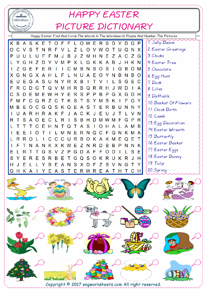  ESL wordsearch worksheets for kids, find Happy Easter words in the word wordsearch write its number on its picture English worksheet. 